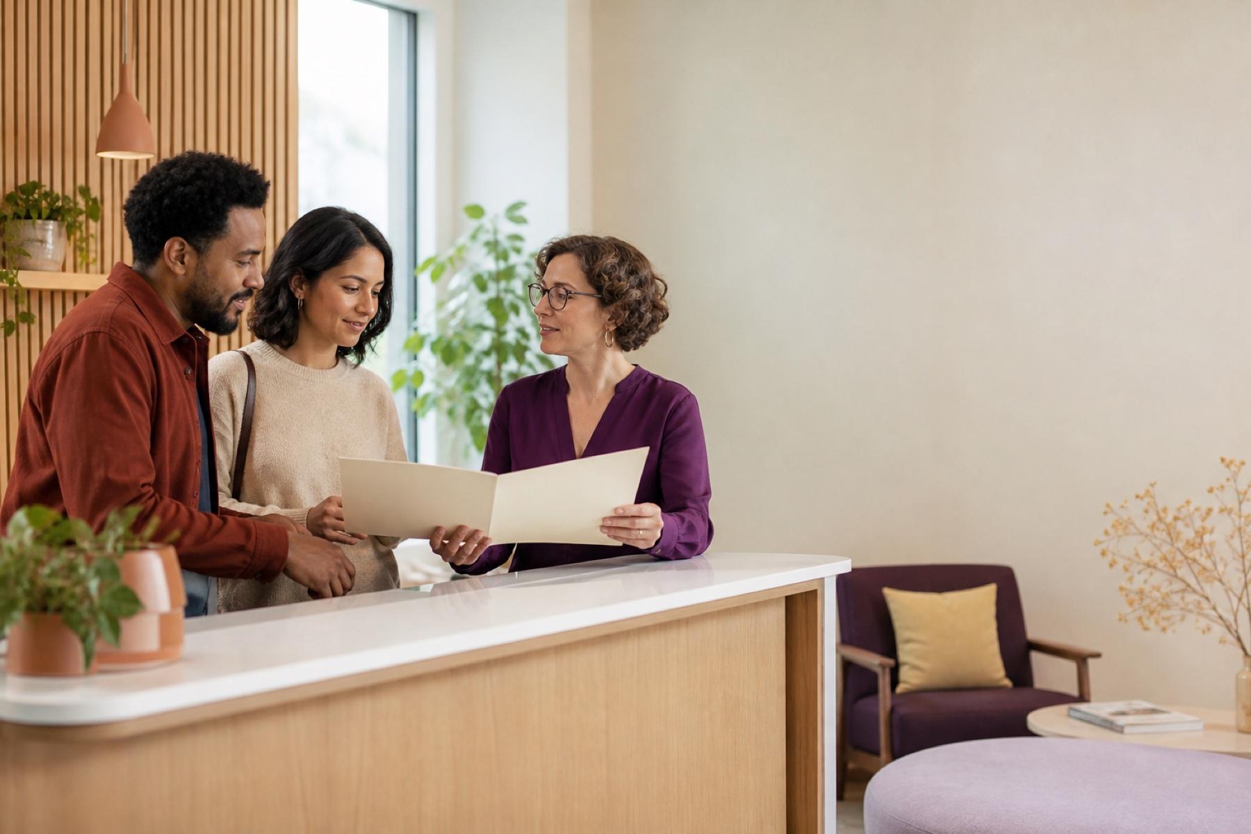A clinic coordinator welcoming patients at reception